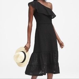 Banana Republic black one shoulder eyelet midi
